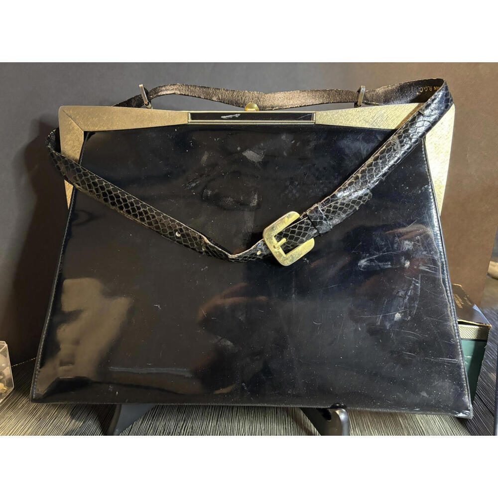 Vintage Genuine Snake Skin Strap Black Plastic? Pocketbook Purse R.O.C. Large
